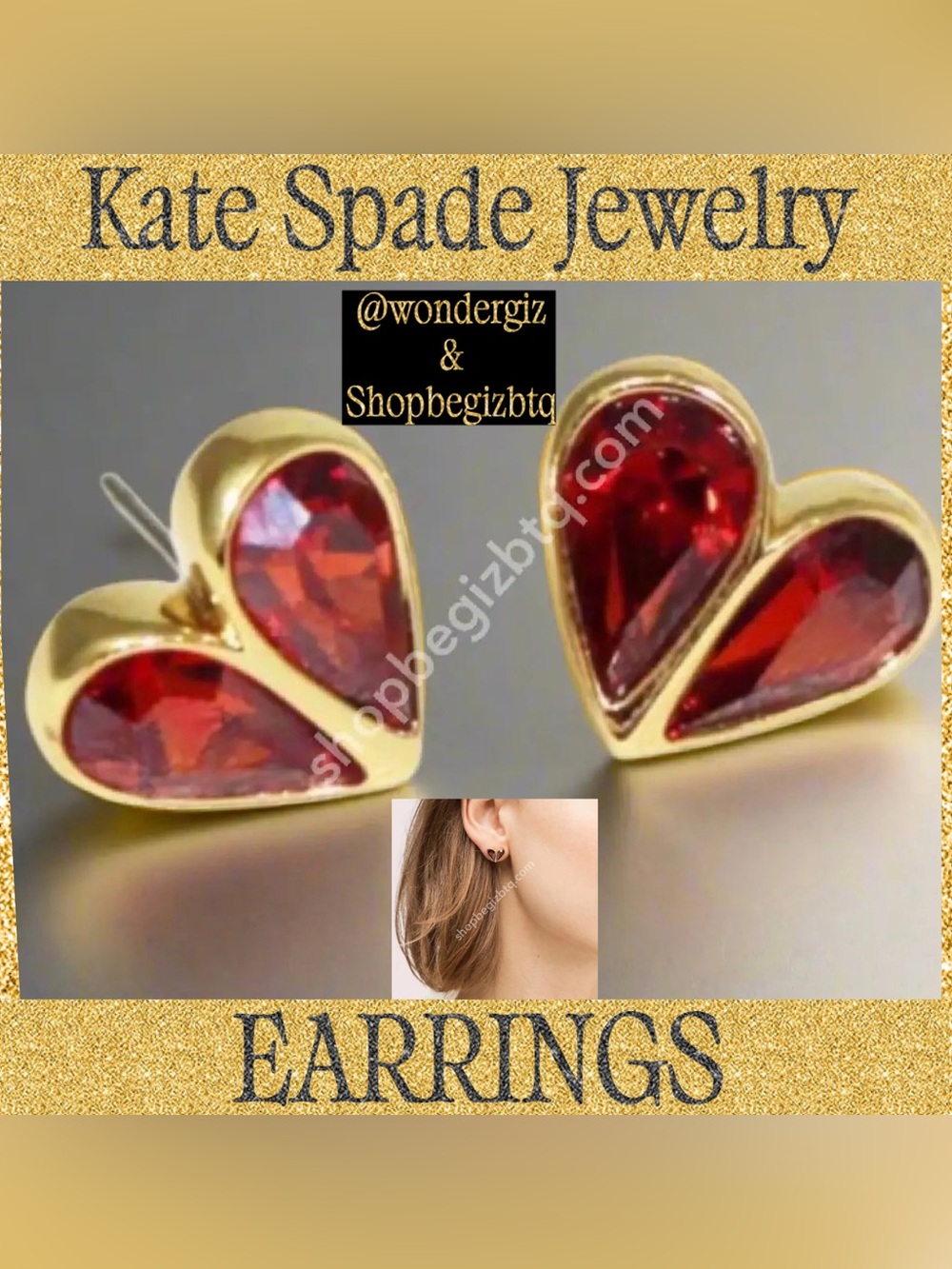 Kate Spade Authentic Red/Gold Rock Solid Crystal Small Heart Studs Earrings